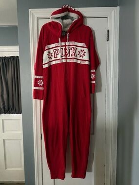 Victoria's Secret PINK Red and White Sherpa-Lined Hooded Onesie